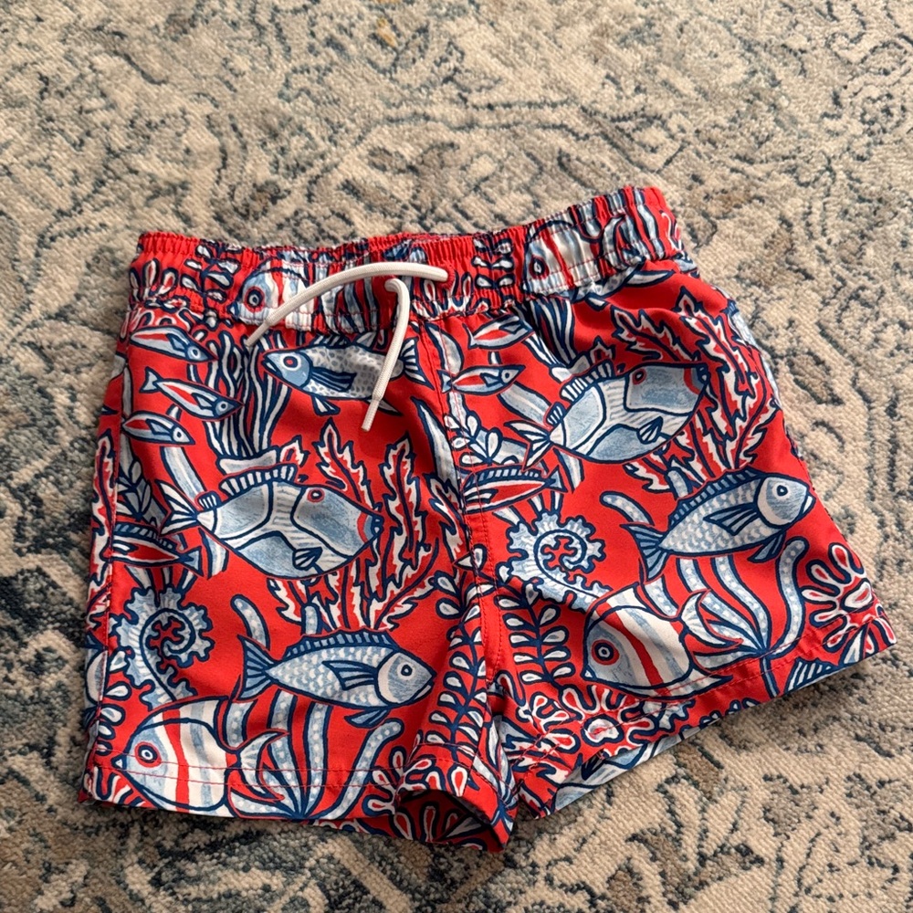 Janie and Jack Red and Blue Fish Print Swim Trunks